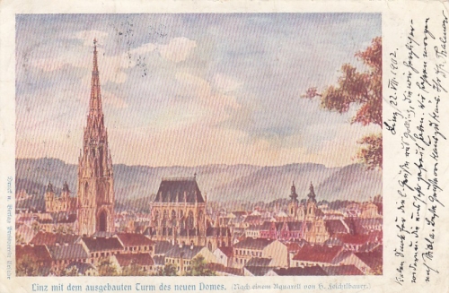 Linz mit dem ausgebauten Turm des neuen Domes gl1902 F4044