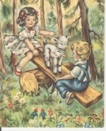 Frohe Ostern/ Buona Pasqua 2 Kinder spielen mit Lamm im Wald gl1959 222.582