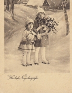 Neujahr-Wünsche Kinder mit Geschenken im Schnee gl1938 E0488