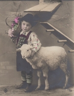 Ostern-Wünsche Hühner mit Ei, Bube mit Schäfchen gl1908 E1628