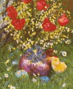 Ostern, Blumenstrauß mit Ostereiern und Küken gl1973 E3938