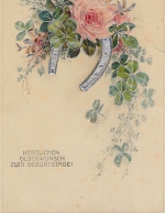 Geburtstag-Wünsche mit Rose, Hufeisen und Glücksklee ngl E6220