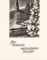 Weihnachten-u.Neujahr-Wünsche, Kirche u.Weihnachtsbaum glum 1960? E7437
