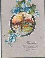 Geburtstag-Wünsche mit Dorf-Idyll und Blumen feldpgl1918 E8219