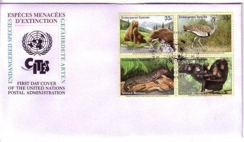 UNO NEW YORK MI-NR. 831-834 FDC GEFÄHRDETE ARTEN 2000 BÄR TRAPPE ECHSE AFFE