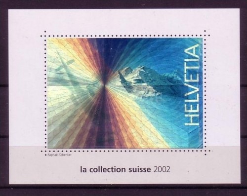 SCHWEIZ VIGNETTE AUS JAHRESALBUM 2002 BERG UND HUBSCHRAUBER MIT HOLOGRAMM