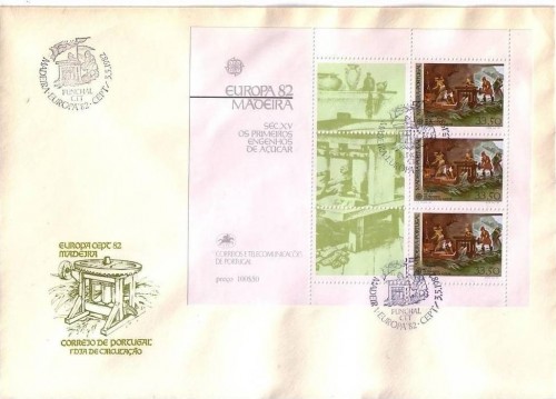 MADEIRA BLOCK 3 FDC EUROPA 1982 HISTORISCHE EREIGNISSE 1. ZUCKERMÜHLE