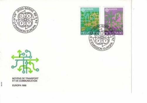 SCHWEIZ MI-NR. 1370-1371 FDC EUROPA 1988 TRANSPORT- und KOMMUNIKATIONSMITTEL LANDKARTE