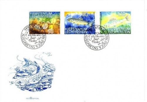 LIECHTENSTEIN MI-NR. 922-924 FDC FISCHE GROPPE FORELLE