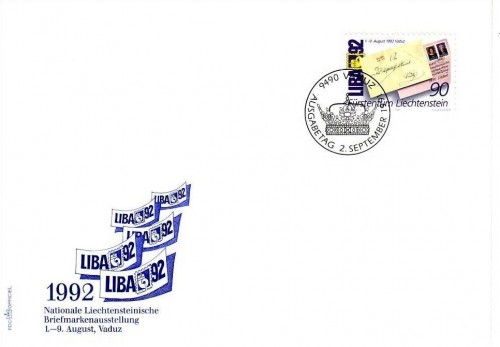 LIECHTENSTEIN MI-NR. 1026 FDC LIBA ´92 BRIEFMARKE AUF BRIEFMARKE