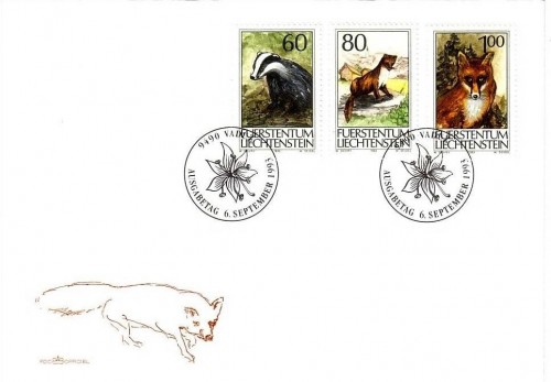 LIECHTENSTEIN MI-NR. 1066-1068 FDC DACHS MARDER ROTFUCHS JAGDWESEN 1993