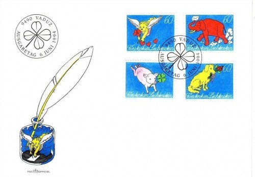 LIECHTENSTEIN MI-NR. 1085-1088 FDC GRUSSMARKEN 1994 ELEFANT SCHWEIN HUND