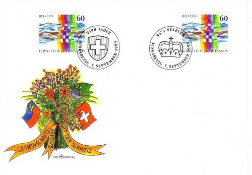 LIECHTENSTEIN MI-NR. 1115 + 1558 CH FDC II PARALLELAUSGABE MIT SCHWEIZ 1995