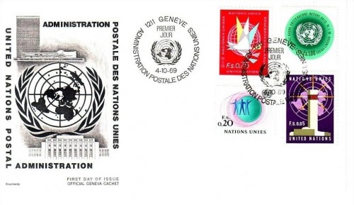 UNO GENF MI-NR. 1-8 FDC FREIMARKE UNO GEBÄUDE FLAGGE EMBLEM 1969