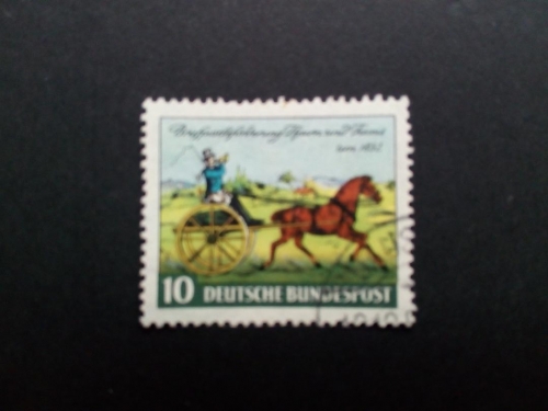 DEUTSCHLAND MI-NR. 160 GESTEMPELT TAG DER BRIEFMARKE 1952 POSTKUTSCHE MIT PFERD THURN UND TAXIS