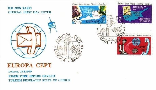 TÜRKISCH ZYPERN MI-NR. 71-73 FDC EUROPA 1979 POST- UND FERNMELDEWESEN MARKE AUF MARKE
