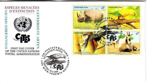UNO WIEN MI-NR. 180-183 FDC GEFÄHRDETE ARTEN - NASHORN, SITTICH, AFFE, ORYX