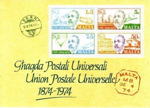 MALTA BLOCK 4 POSTFRISCH(MINT) POSTKUTSCHE EISENBAHN DAMPFER BALLON FLUGZEUG 1974