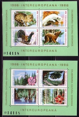 RUMÄNIEN BLOCK 223-224 POSTFRISCH(MINT) INTEREUROPA 1986 KATZE HERMELIN AUERHAHN BÄR NELKE ROSE