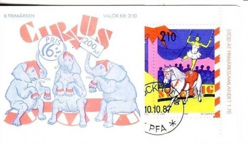 SCHWEDEN MH 124 GESTEMPELT(USED) 200 JAHRE ZIRKUS IN SCHWEDEN CLOWNS PFERD
