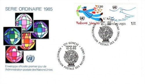 UNO GENF MI-NR. 131-132 FDC FREIMARKEN POSTBOTE FRIEDENSTAUBE