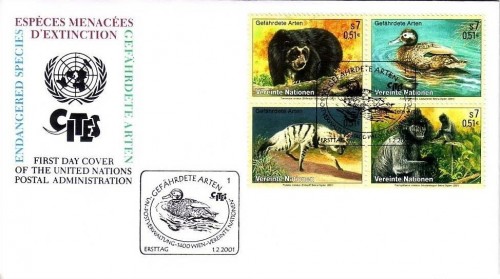 UNO WIEN MI-NR 327-330 FDC GEFÄHRDETE TIERE 2001 BRILLENBÄR ENTE WOLF