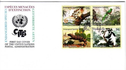 UNO New York MI-NR 856-859 FDC Gefärdete Arten (IX) 2001 Vogel Affe Echse