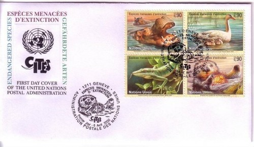 UNO GENF MI-NR. 385-388 FDC GEFÄHRDETE ARTEN 2000 FLUßPFERD SCHWAN WARAN SEEOTTER