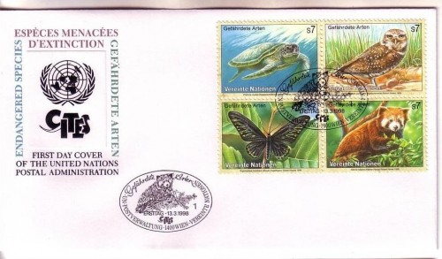 UNO WIEN MI-NR. 248-251 FDC GEFÄHRDETE ARTEN (VI) 1998 SCHILDKRÖTE EULE SCHMETTERLING PANDA