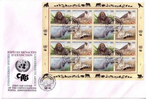 UNO GENF MI-NR. 227-230 FDC KLEINBOGEN GEFÄHRDETE TIERE 1993 GORILLA FALKE MANATI LEOPARD