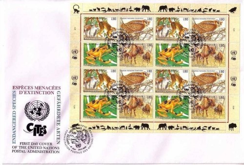 UNO GENF MI-NR. 263-266 FDC KLEINBOGEN GEFÄHRDETE TIERE MAKI EULE FROSCH BISON