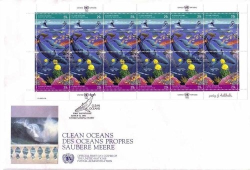 UNO NEW YORK MI-NR. 627-628 FDC KLEINBOGEN SAUBERE MEERE - WALE, DELFINE, KORALLEN