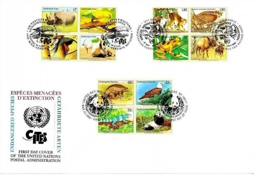 UNO TRIO BRIEF 24.03.1995 GEFÄHRDETE ARTEN NASHORN AFFE FROSCH BISON PANDA