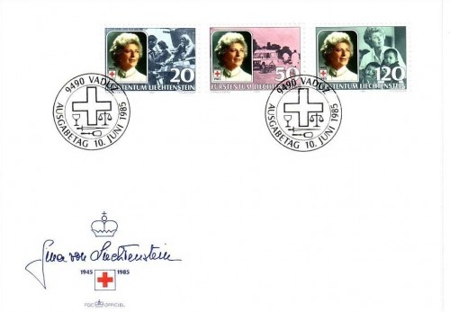 LIECHTENSTEIN MI-NR. 875-877 FDC FÜRSTIN GINA, ROTES KREUZ 1985