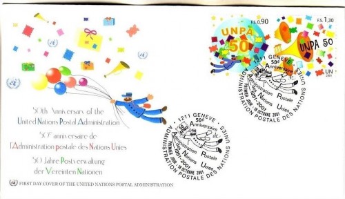 UNO GENF MI-NR 424-425 FDC 50 JAHRE UNO POSTVERWALTUNG 2001
