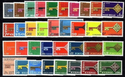 EUROPA CEPT JAHRGANG 1968 POSTFRISCH(MINT) 35 WERTE KREUZBARTSCHLÜSSEL