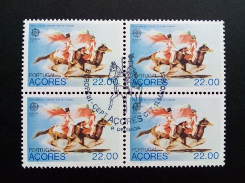 AZOREN MI-NR. 342 GESTEMPELT(USED) 4er BLOCK EUROPA 1981 FOLKLORE PFERD REITERSPIELE