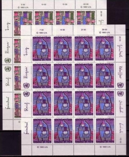 HUNDERTWASSER 1983 UNO WIEN 3 x KLEINBOGENSATZ MI-NR. 36-37 POSTFRISCH(MINT)