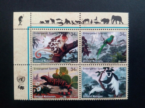 UNO New York MI-NR 856-859 postfrisch Gefärdete Arten (IX) 2001 Vogel Affe Echse