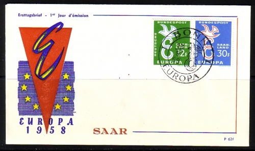 SAARLAND MI-NR. 439-440 FDC EUROPA 1958 TAUBE STEMPEL BONN