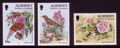 ALDERNEY MI-NR. 100-102 A POSTFRISCH(MINT) FLORA und FAUNA VOGEL SCHMETTERLING WESPE BLUME