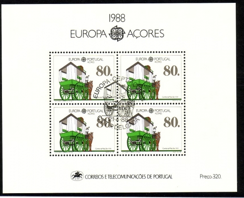 AZOREN BLOCK 9 GESTEMPELT(USED) EUROPA 1988 TRANSPORTMITTEL PFERDEOMNIBUS