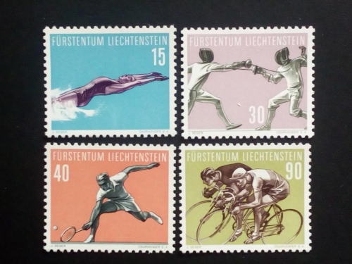 LIECHTENSTEIN MI-NR. 365-368 POSTFRISCH(MINT) SPORT (V) 1958 SCHWIMMEN FECHTEN TENNIS RADSPORT