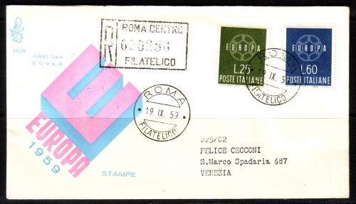 ITALIEN MI-NR. 1055-1056 FDC EUROPA 1959 EINSCHREIBEN