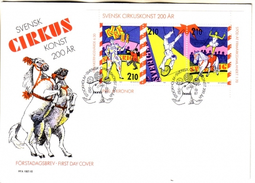 SCHWEDEN MI-NR. 1450-1452 FDC 200 JAHRE ZIRKUS IN SCHWEDEN - CLOWNS PFERD