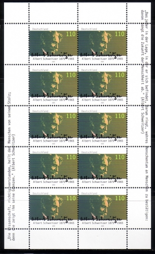 DEUTSCHLAND MI-NR. 2090 POSTFRISCH(MINT) KLEINBOGEN 125. GEBURTSTAG ALBERT SCHWEITZER 2000 ARZT