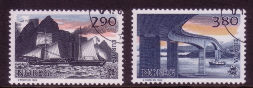 NORWEGEN MI-NR. 996-997 GESTEMPELT(USED) EUROPA 1988 TRANSPORTMITTEL RADDAMPFER BRÜCKE