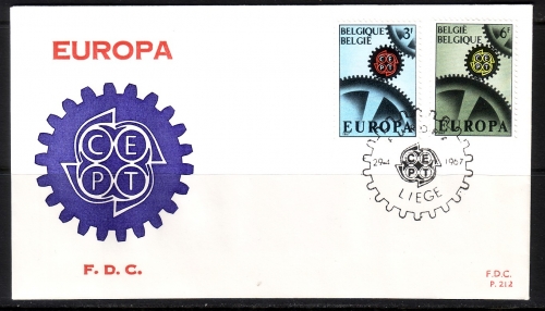 BELGIEN MI-NR. 1472-1473 FDC CEPT 1967 ZAHNRÄDER STEMPEL LIEGE