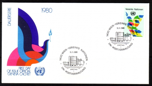 UNO WIEN MI-NR. 8 FDC FREIMARKEN FLAGGEN BILDEN FRIEDENSTAUBE 1980