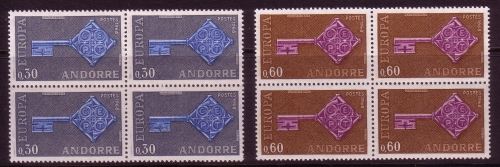 ANDORRA FRANZÖSISCH MI-NR. 208-209 POSTFRISCH(MINT) VIERERBLOCK EUROPA 1968 KREUZBARTSCHLÜSSEL